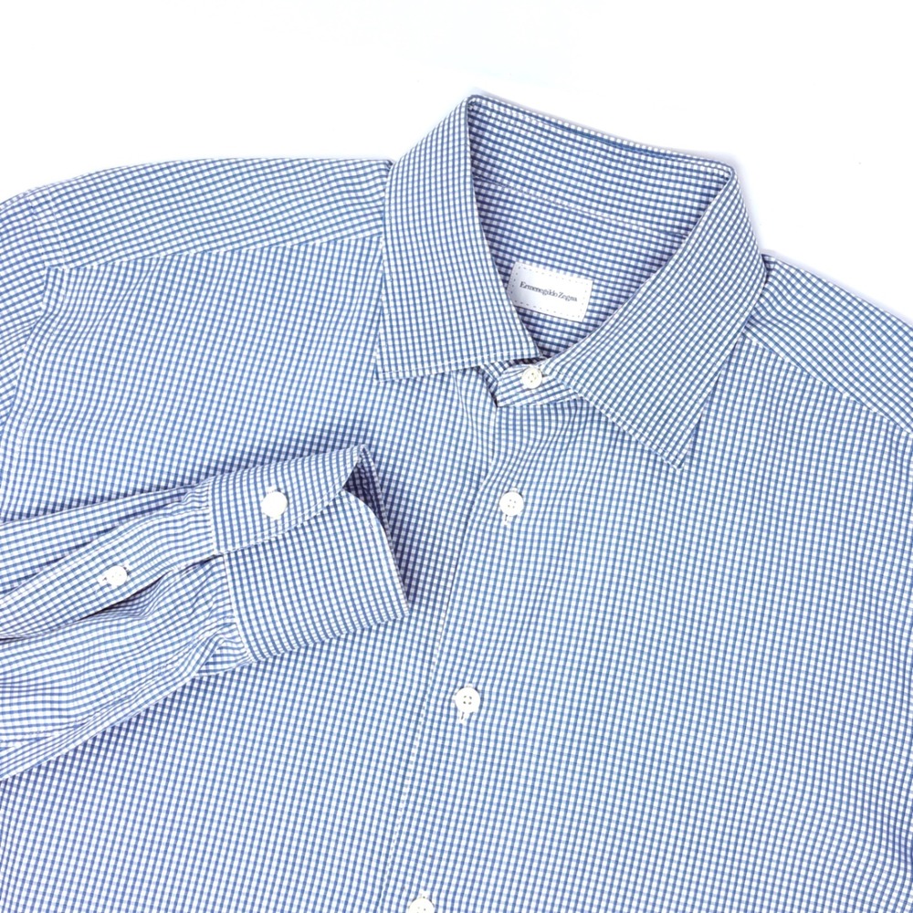 Ermenegildo Zegna Mens XL Button Down Shirt‎ Blue Microcheck Regular Fit Cotton